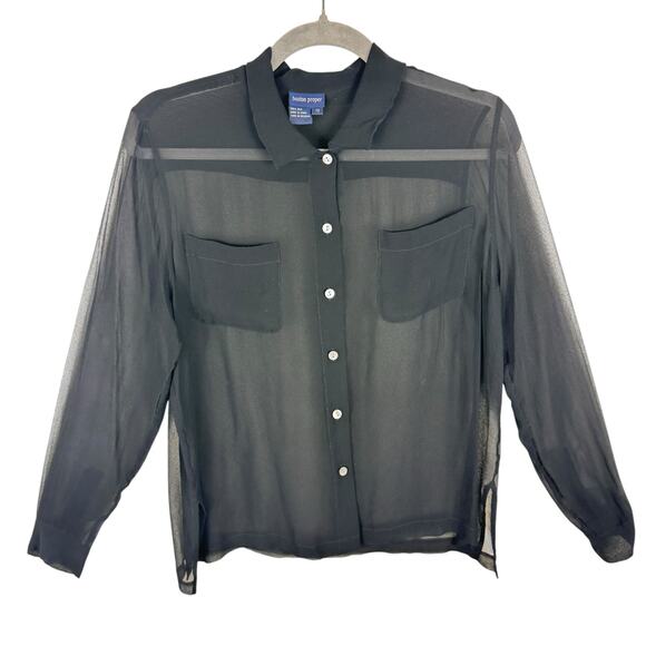 Boston Proper Tops - Boston Proper Vintage 100% Silk Black Collared Sheer Button Up Blouse Size 12